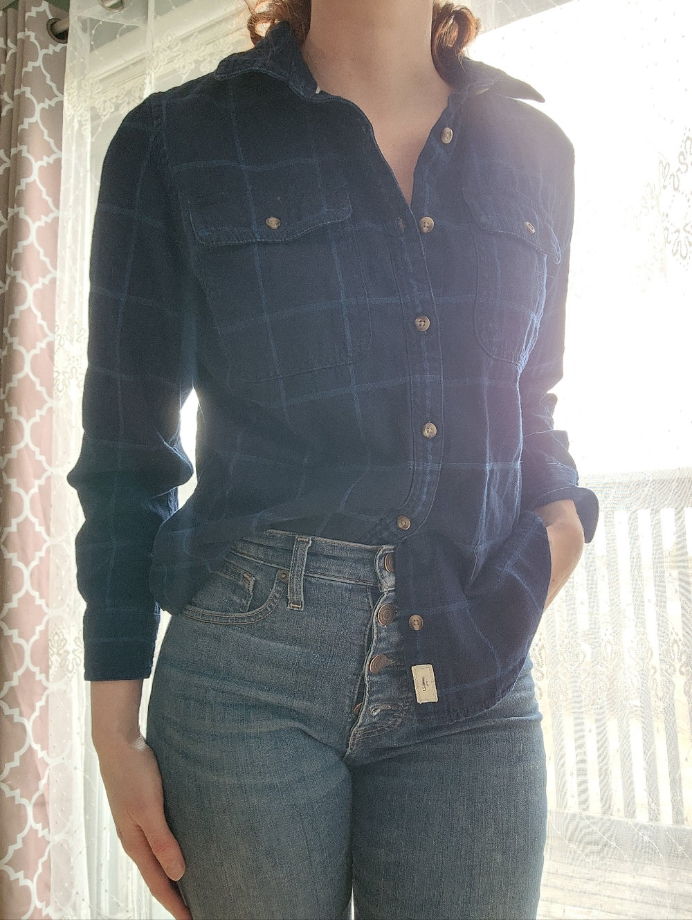 Women's L.L. Bean Navy and Light Blue Windowpane Flannel Shirt